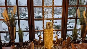 Blick durch dekoriertes Fenster in verschneiten Garten